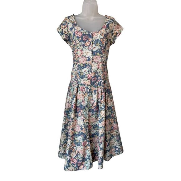 Vintage 1980’’s/90’s Alison J Cottage Core Floral Fit & Flare Midi Dress - Picture 2 of 13
